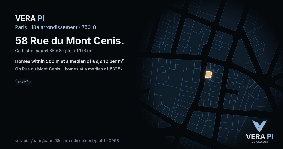 58 Rue du Mont Cenis, 18e arrondissement at night – the plot lit, the parcels around coloured by the prices near them