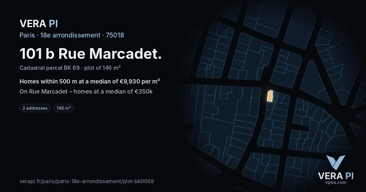 101 b Rue Marcadet, 18e arrondissement at night – the plot lit, the parcels around coloured by the prices near them