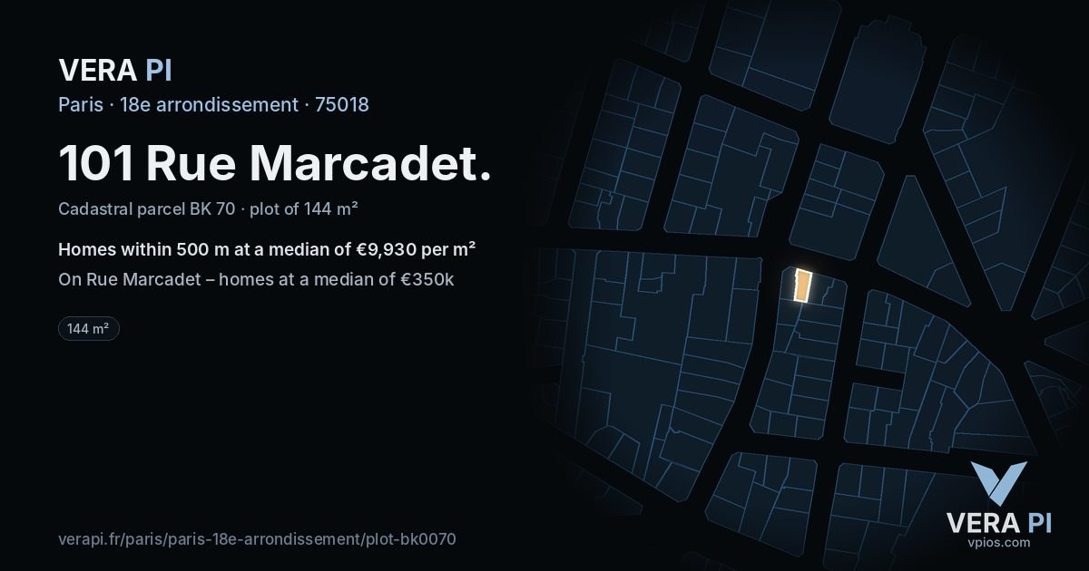 101 Rue Marcadet, 18e arrondissement at night – the plot lit, the parcels around coloured by the prices near them