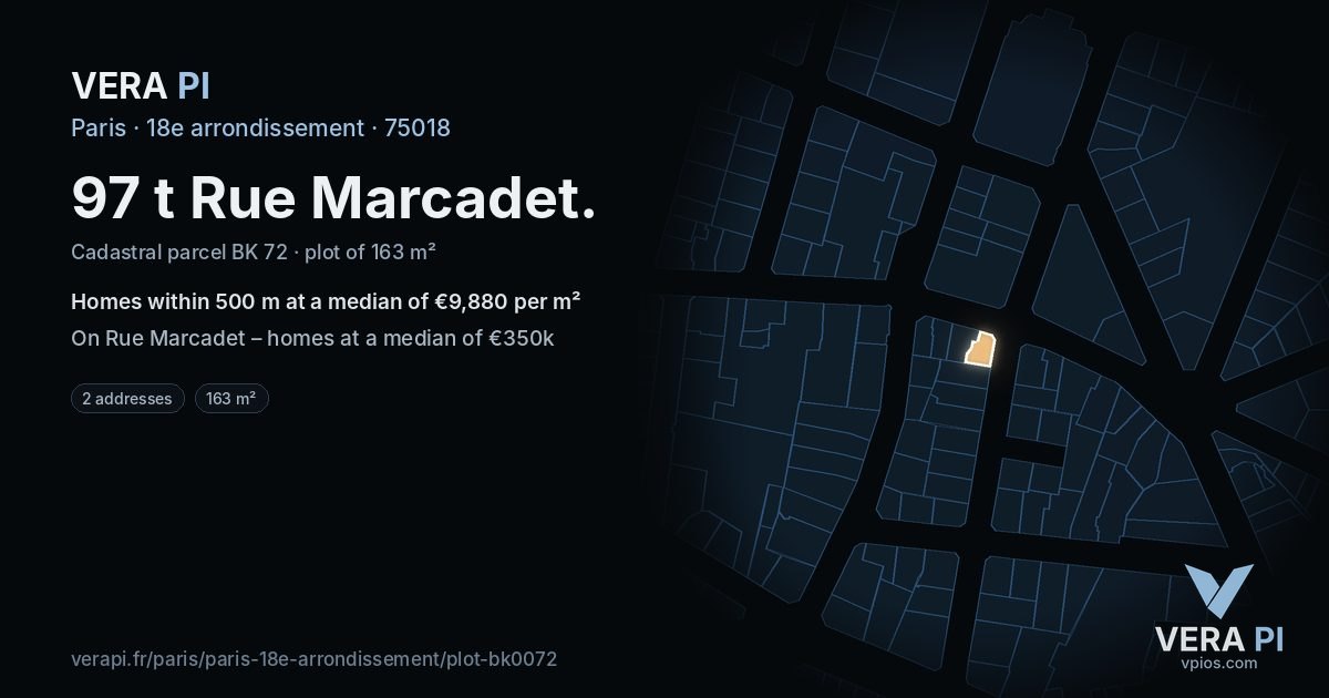 97 t Rue Marcadet, 18e arrondissement at night – the plot lit, the parcels around coloured by the prices near them