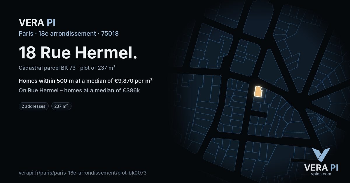18 Rue Hermel, 18e arrondissement at night – the plot lit, the parcels around coloured by the prices near them
