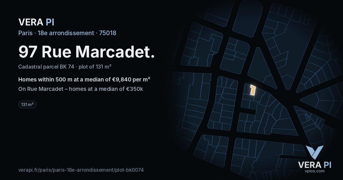 97 Rue Marcadet, 18e arrondissement at night – the plot lit, the parcels around coloured by the prices near them