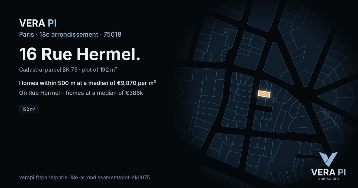16 Rue Hermel, 18e arrondissement at night – the plot lit, the parcels around coloured by the prices near them