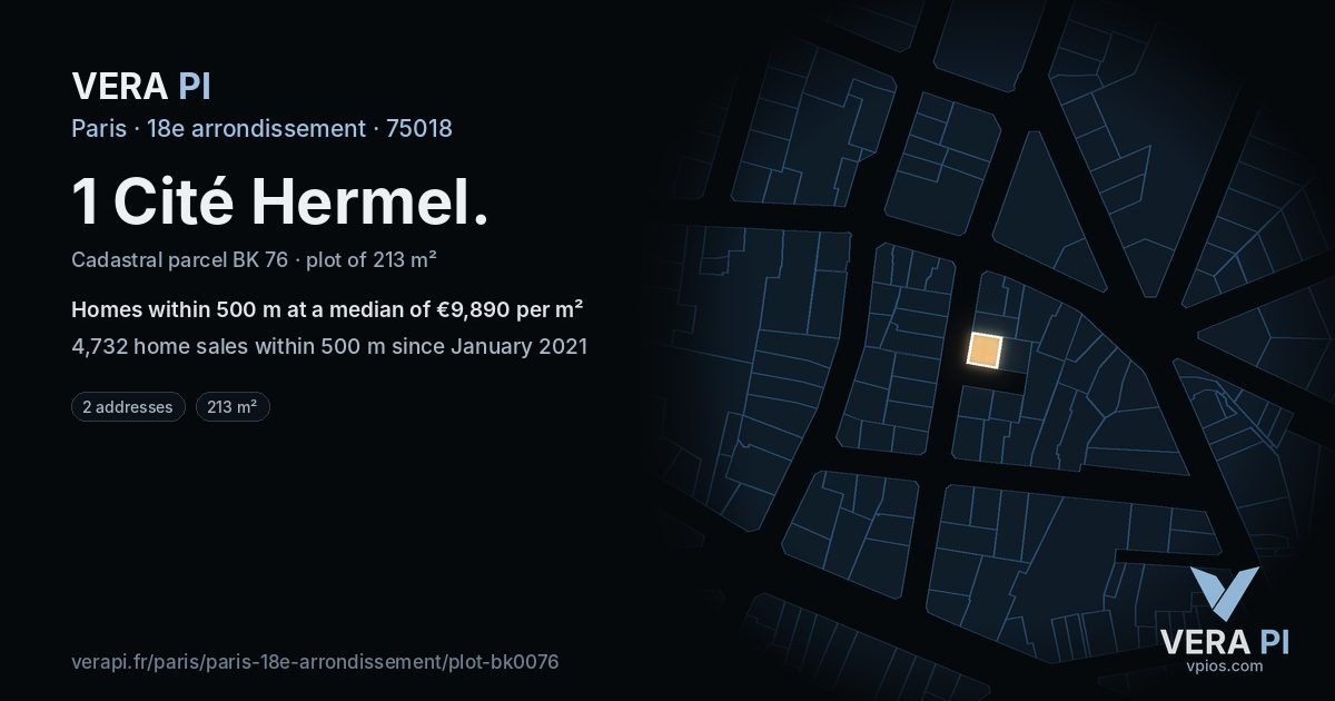 1 Cité Hermel, 18e arrondissement at night – the plot lit, the parcels around coloured by the prices near them