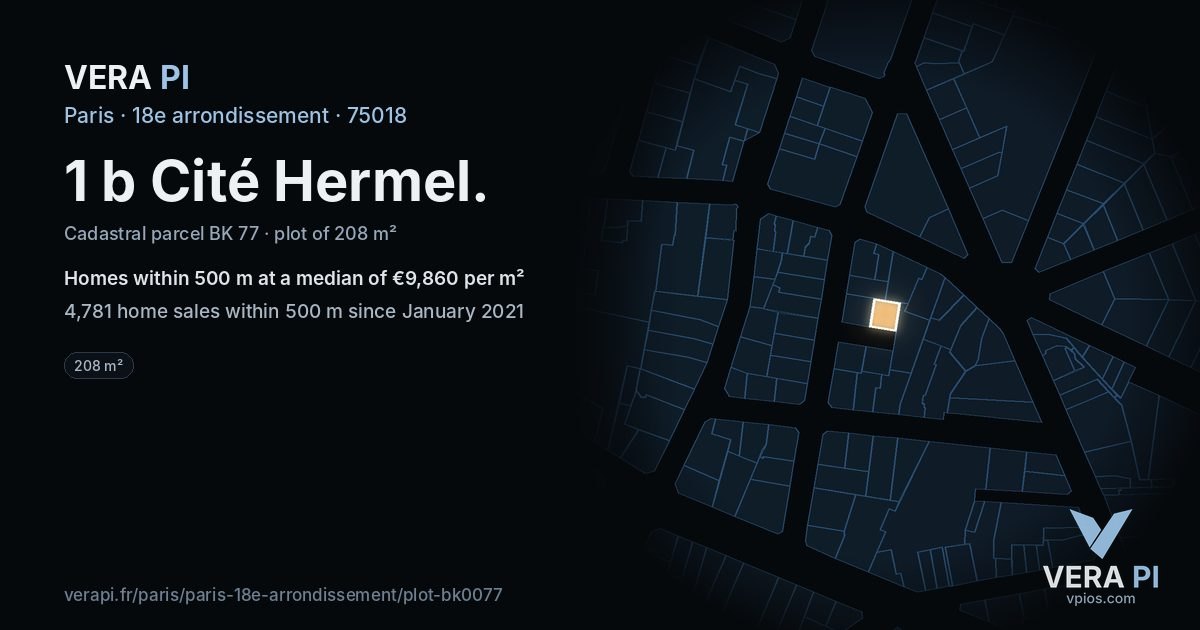 1 b Cité Hermel, 18e arrondissement at night – the plot lit, the parcels around coloured by the prices near them