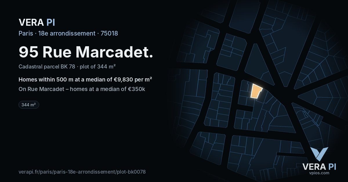 95 Rue Marcadet, 18e arrondissement at night – the plot lit, the parcels around coloured by the prices near them