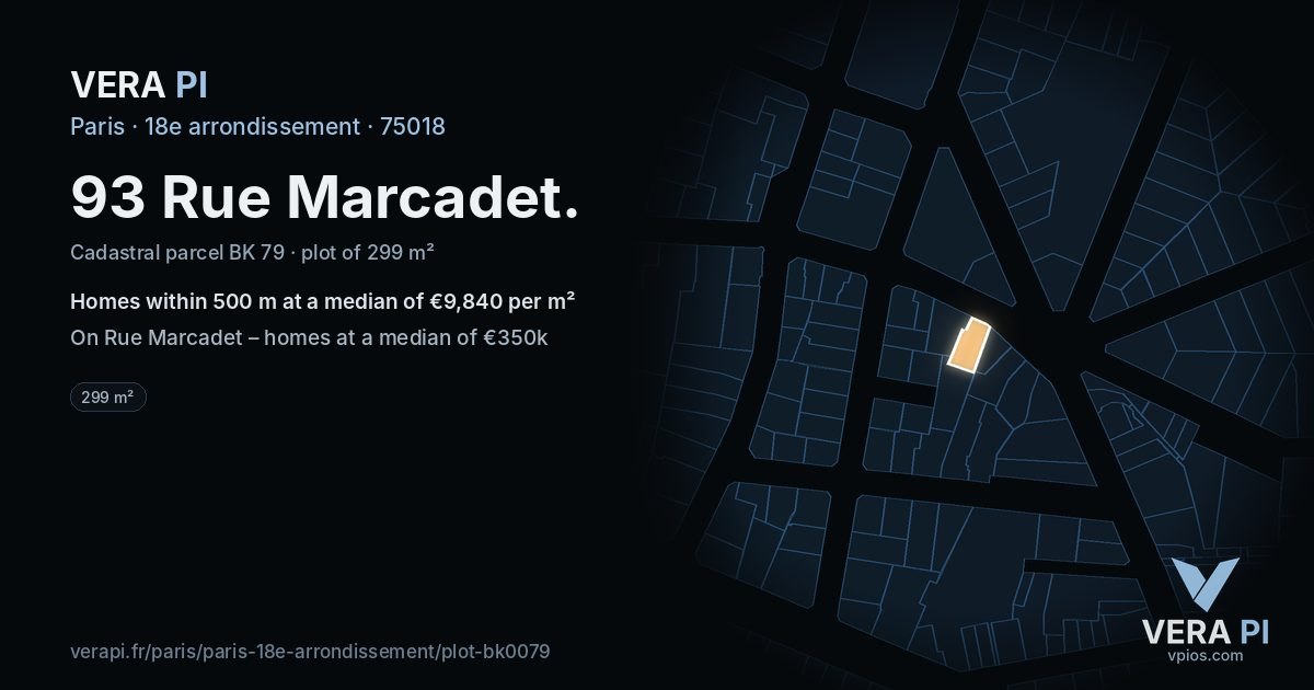 93 Rue Marcadet, 18e arrondissement at night – the plot lit, the parcels around coloured by the prices near them