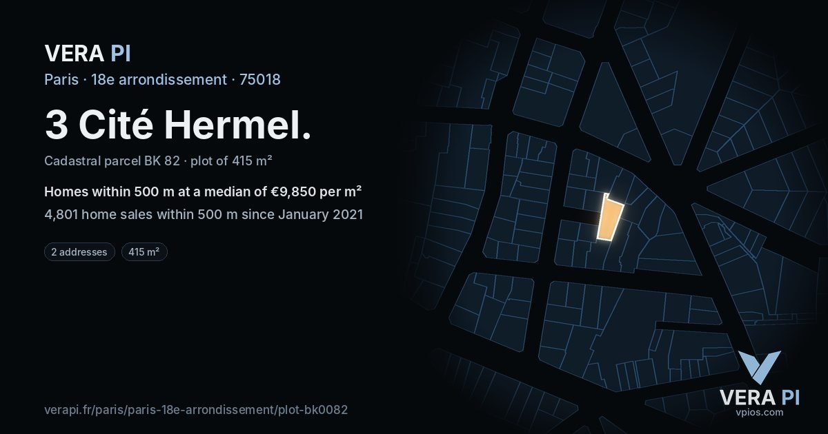 3 Cité Hermel, 18e arrondissement at night – the plot lit, the parcels around coloured by the prices near them