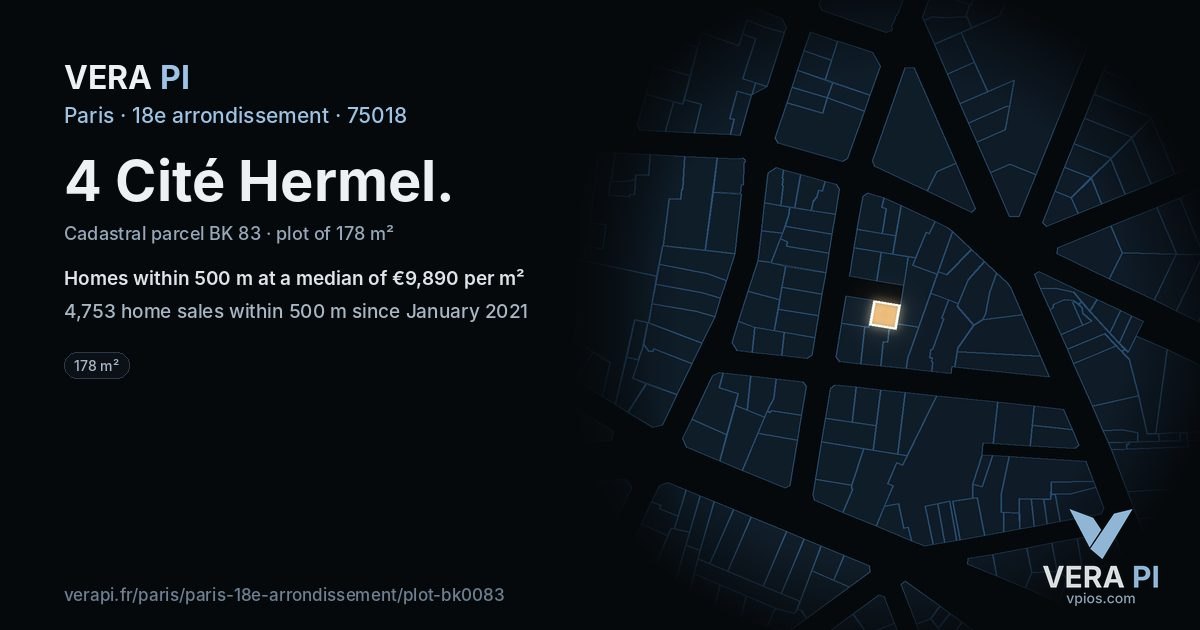 4 Cité Hermel, 18e arrondissement at night – the plot lit, the parcels around coloured by the prices near them