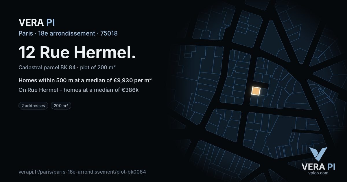 12 Rue Hermel, 18e arrondissement at night – the plot lit, the parcels around coloured by the prices near them