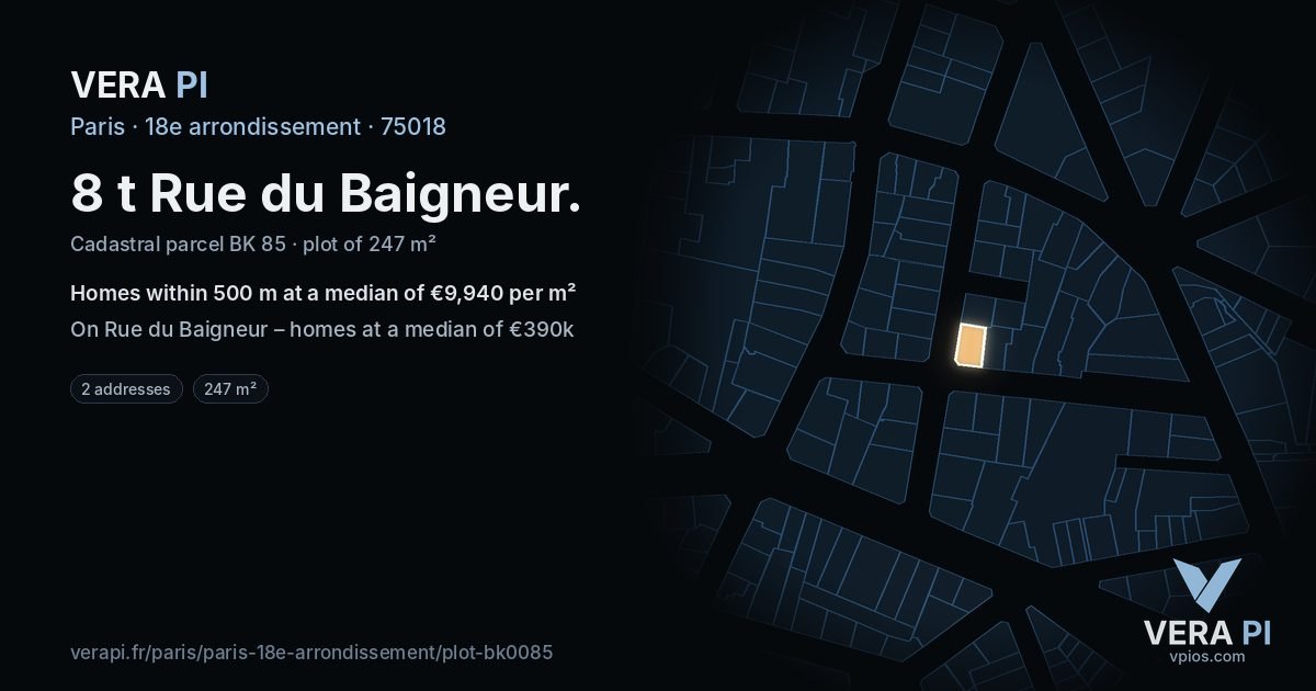 8 t Rue du Baigneur, 18e arrondissement at night – the plot lit, the parcels around coloured by the prices near them