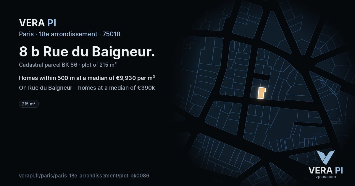 8 b Rue du Baigneur, 18e arrondissement at night – the plot lit, the parcels around coloured by the prices near them