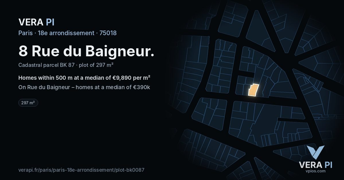 8 Rue du Baigneur, 18e arrondissement at night – the plot lit, the parcels around coloured by the prices near them