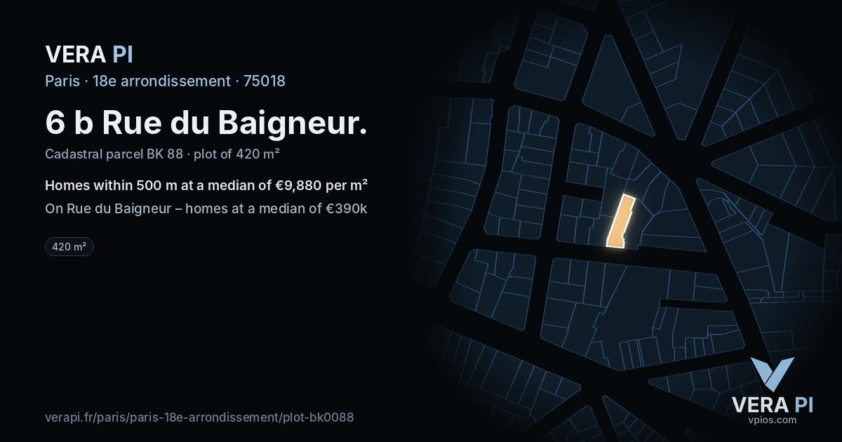 6 b Rue du Baigneur, 18e arrondissement at night – the plot lit, the parcels around coloured by the prices near them