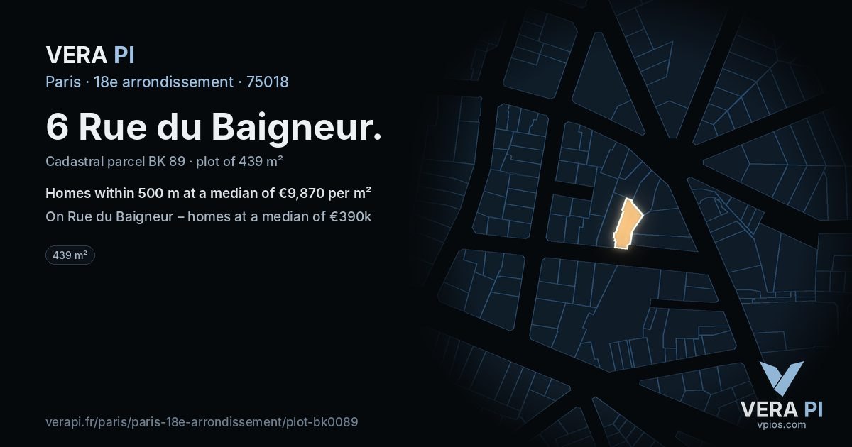 6 Rue du Baigneur, 18e arrondissement at night – the plot lit, the parcels around coloured by the prices near them