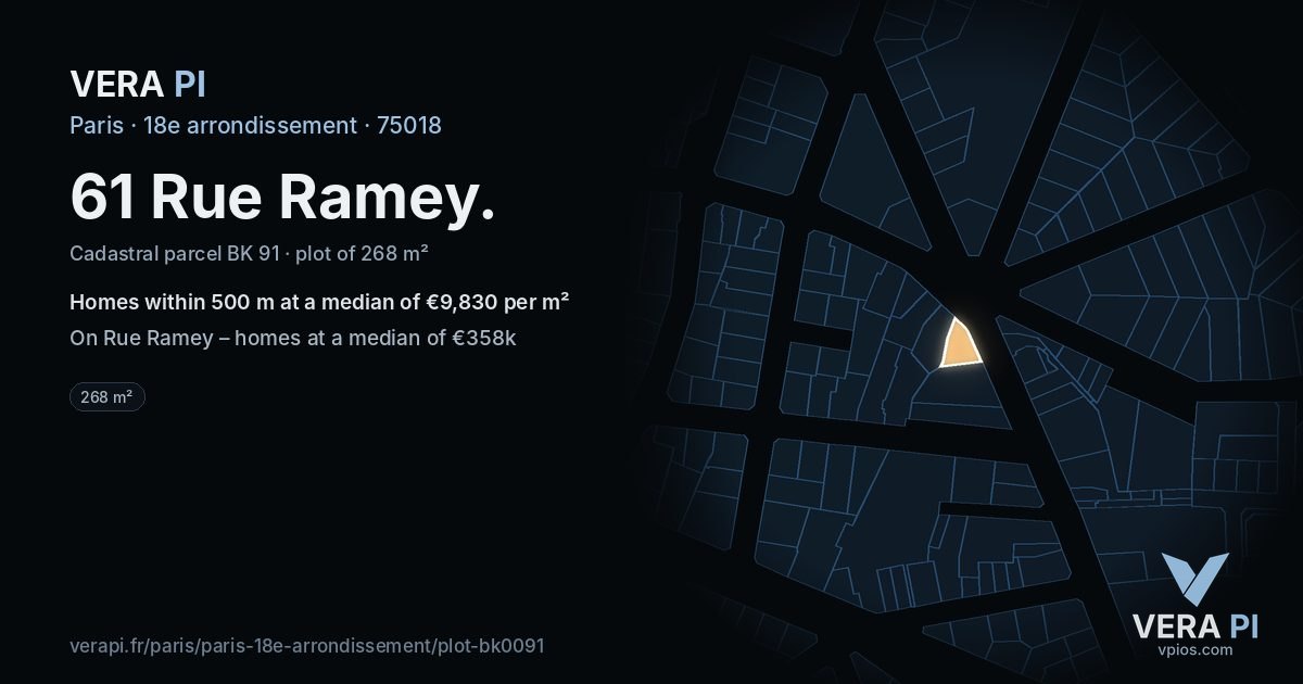 61 Rue Ramey, 18e arrondissement at night – the plot lit, the parcels around coloured by the prices near them