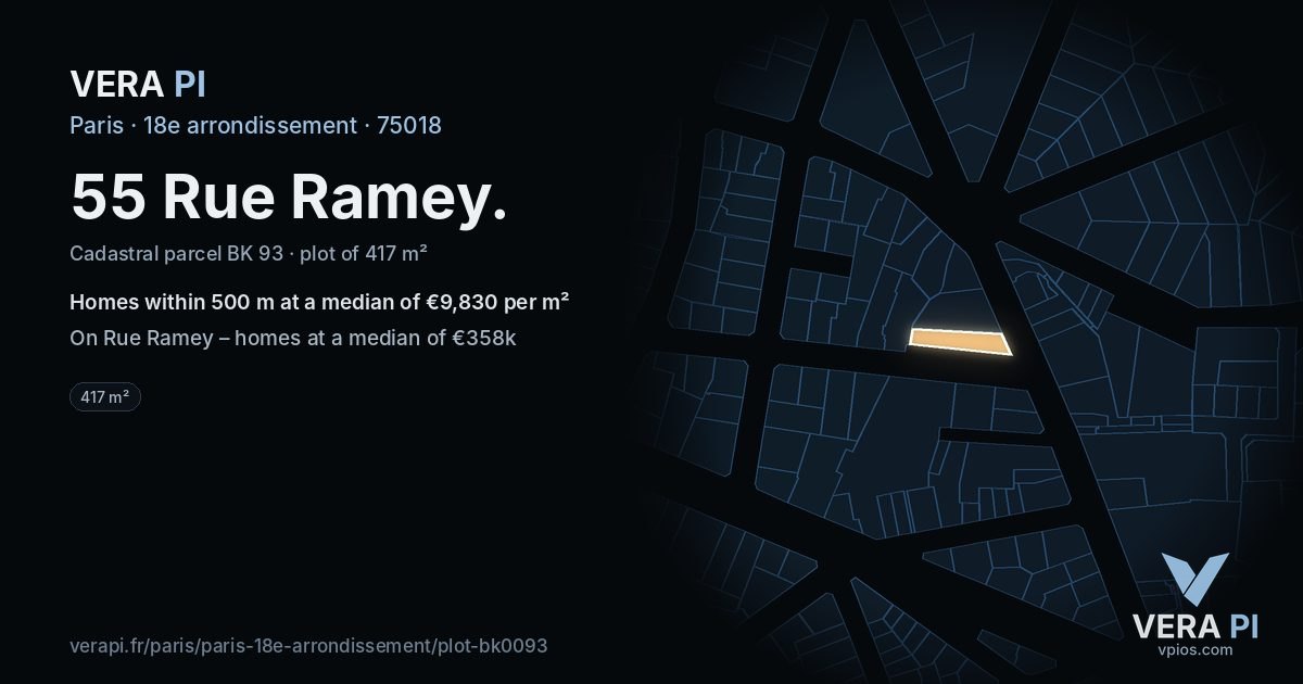 55 Rue Ramey, 18e arrondissement at night – the plot lit, the parcels around coloured by the prices near them