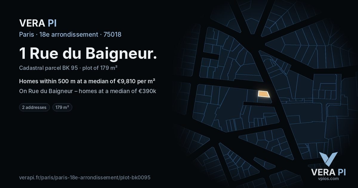 1 Rue du Baigneur, 18e arrondissement at night – the plot lit, the parcels around coloured by the prices near them
