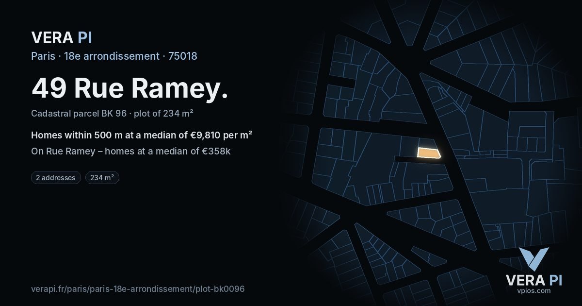 49 Rue Ramey, 18e arrondissement at night – the plot lit, the parcels around coloured by the prices near them