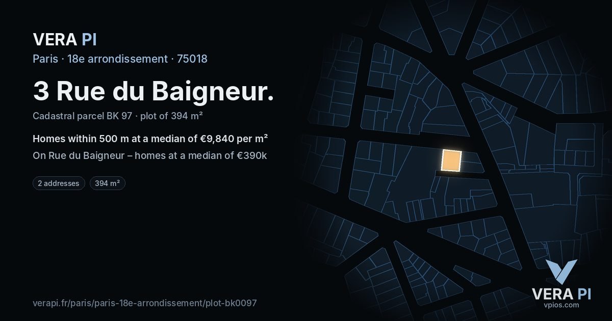 3 Rue du Baigneur, 18e arrondissement at night – the plot lit, the parcels around coloured by the prices near them