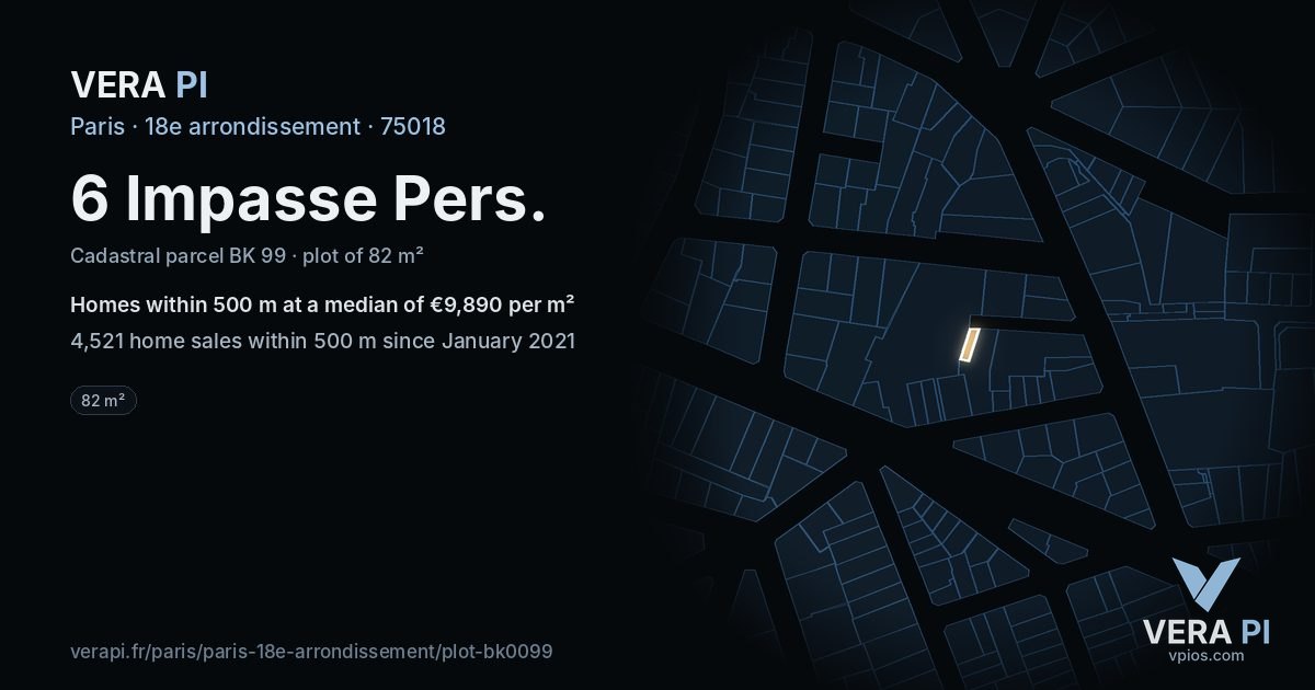 6 Impasse Pers, 18e arrondissement at night – the plot lit, the parcels around coloured by the prices near them