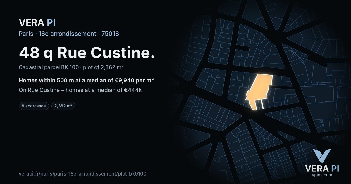 48 q Rue Custine, 18e arrondissement at night – the plot lit, the parcels around coloured by the prices near them