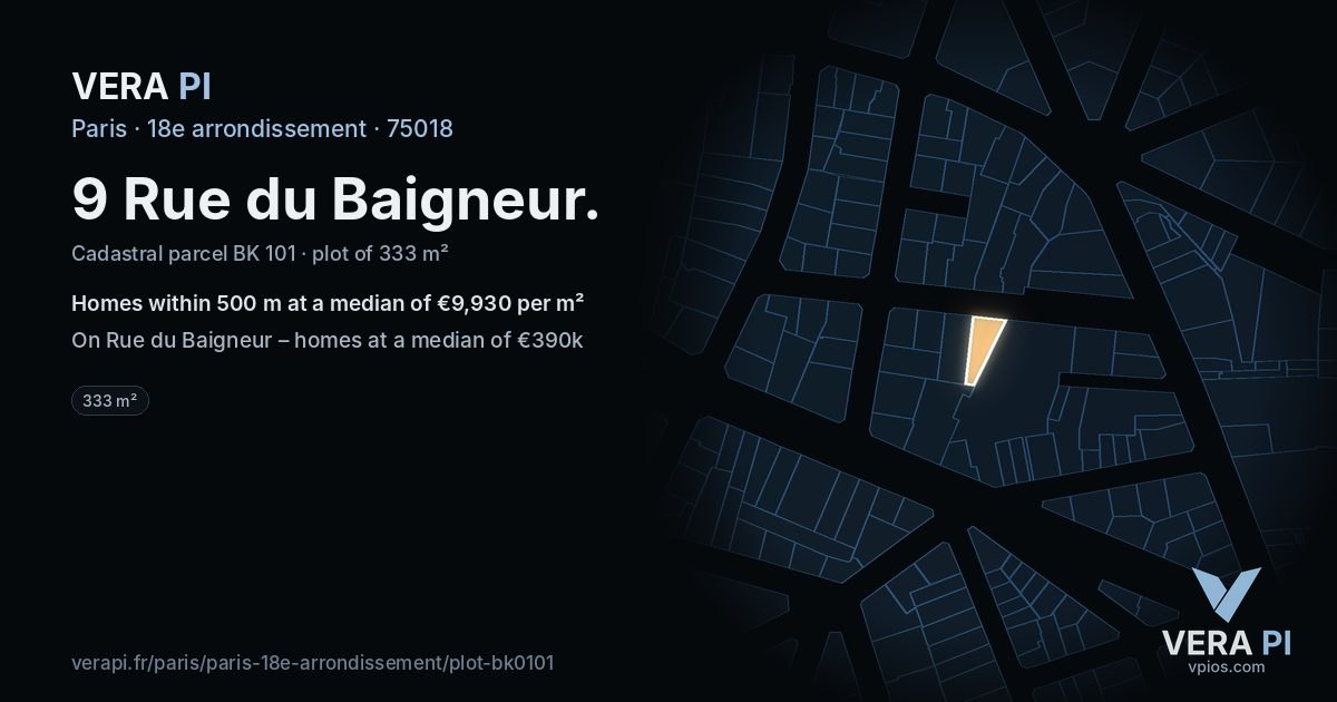 9 Rue du Baigneur, 18e arrondissement at night – the plot lit, the parcels around coloured by the prices near them