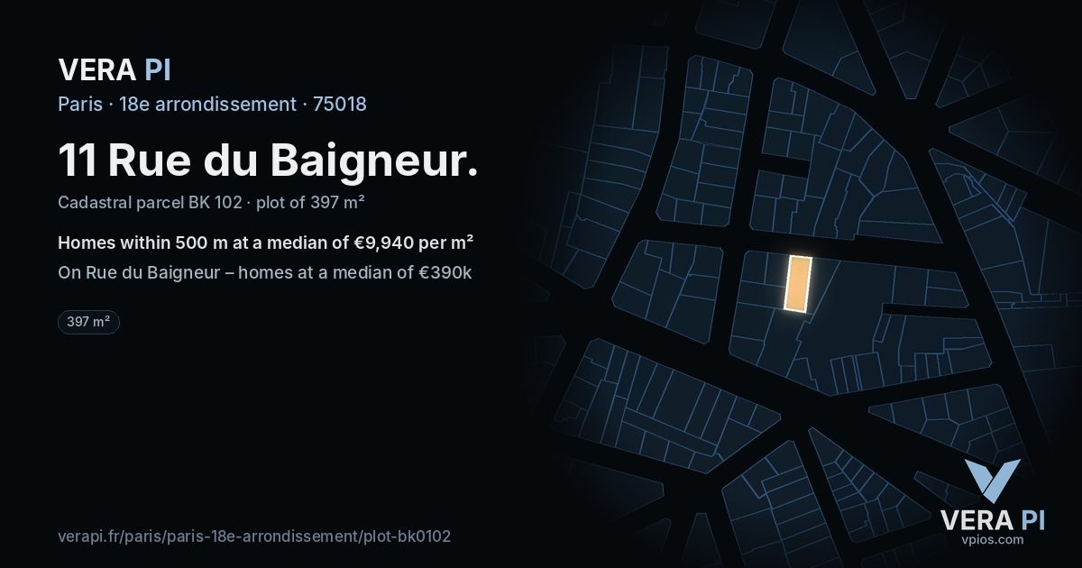 11 Rue du Baigneur, 18e arrondissement at night – the plot lit, the parcels around coloured by the prices near them