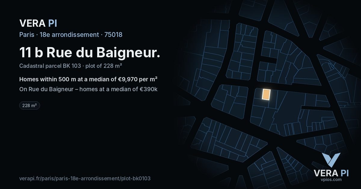 11 b Rue du Baigneur, 18e arrondissement at night – the plot lit, the parcels around coloured by the prices near them