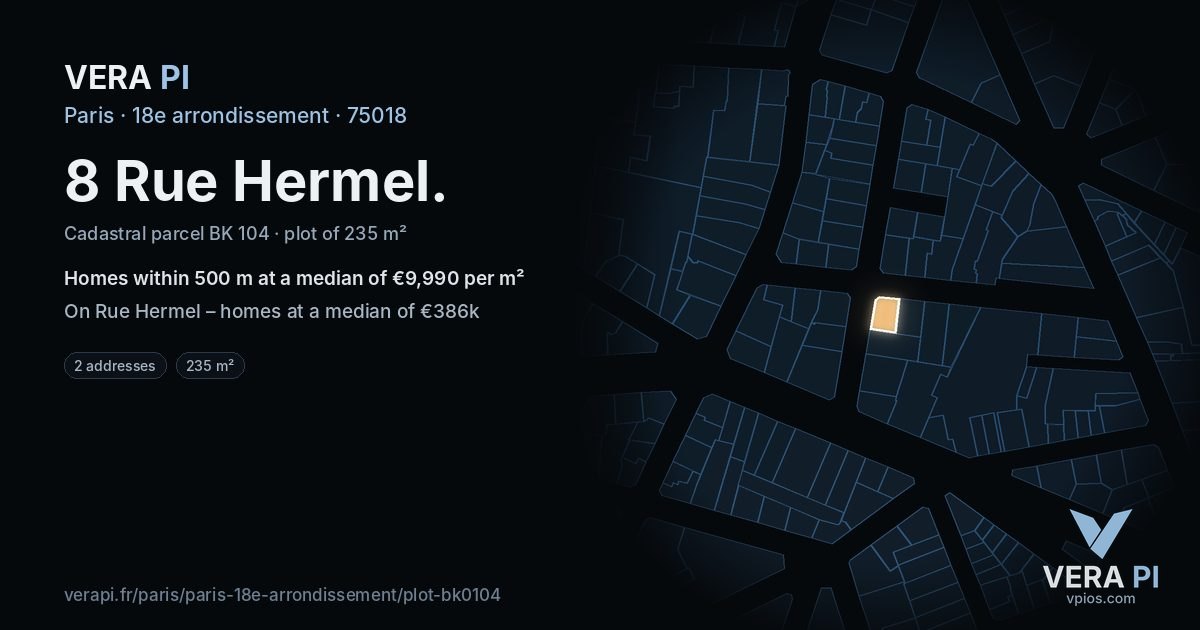 8 Rue Hermel, 18e arrondissement at night – the plot lit, the parcels around coloured by the prices near them