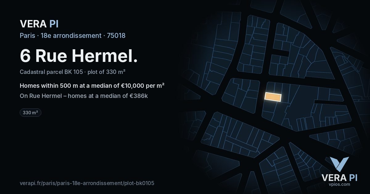 6 Rue Hermel, 18e arrondissement at night – the plot lit, the parcels around coloured by the prices near them