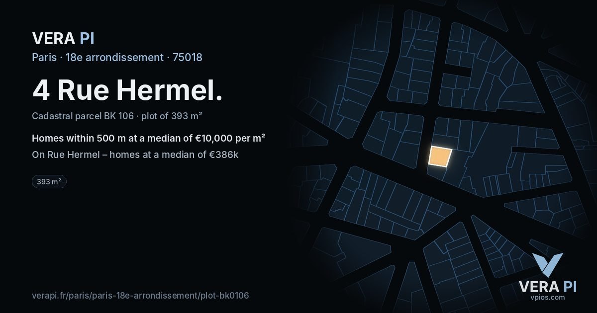 4 Rue Hermel, 18e arrondissement at night – the plot lit, the parcels around coloured by the prices near them