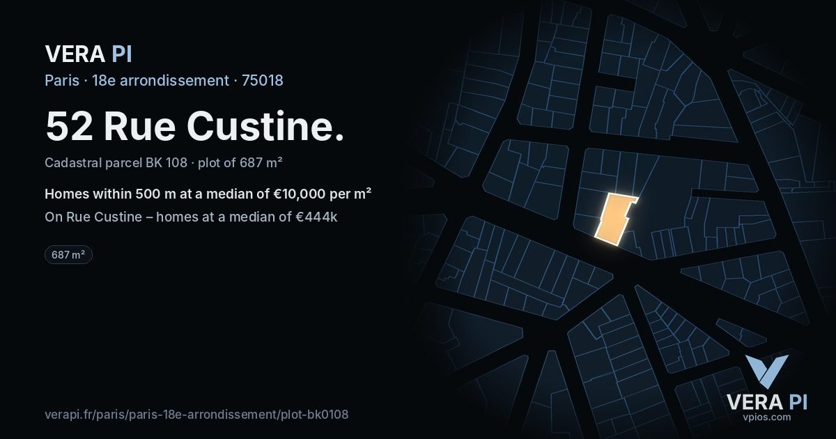 52 Rue Custine, 18e arrondissement at night – the plot lit, the parcels around coloured by the prices near them