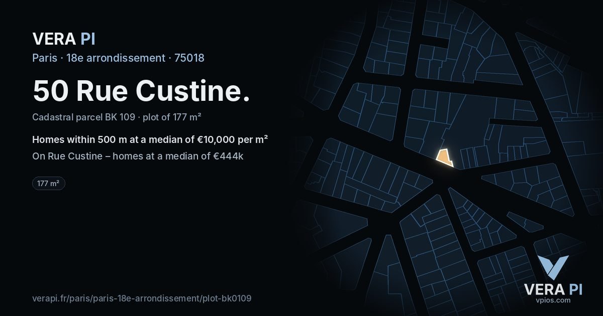 50 Rue Custine, 18e arrondissement at night – the plot lit, the parcels around coloured by the prices near them