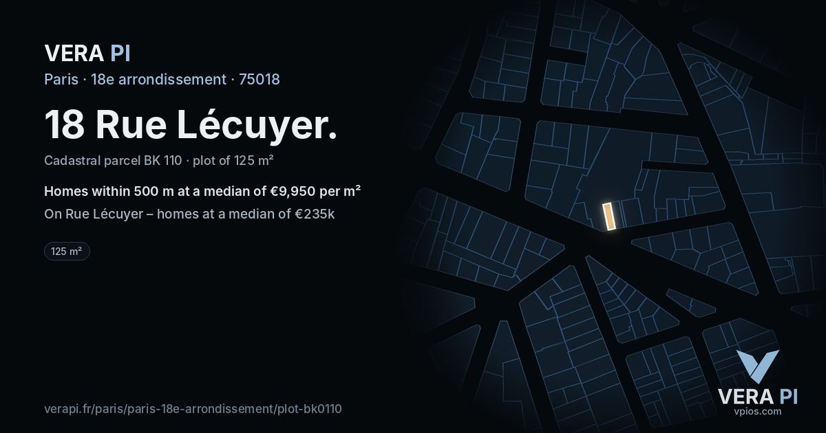 18 Rue Lécuyer, 18e arrondissement at night – the plot lit, the parcels around coloured by the prices near them
