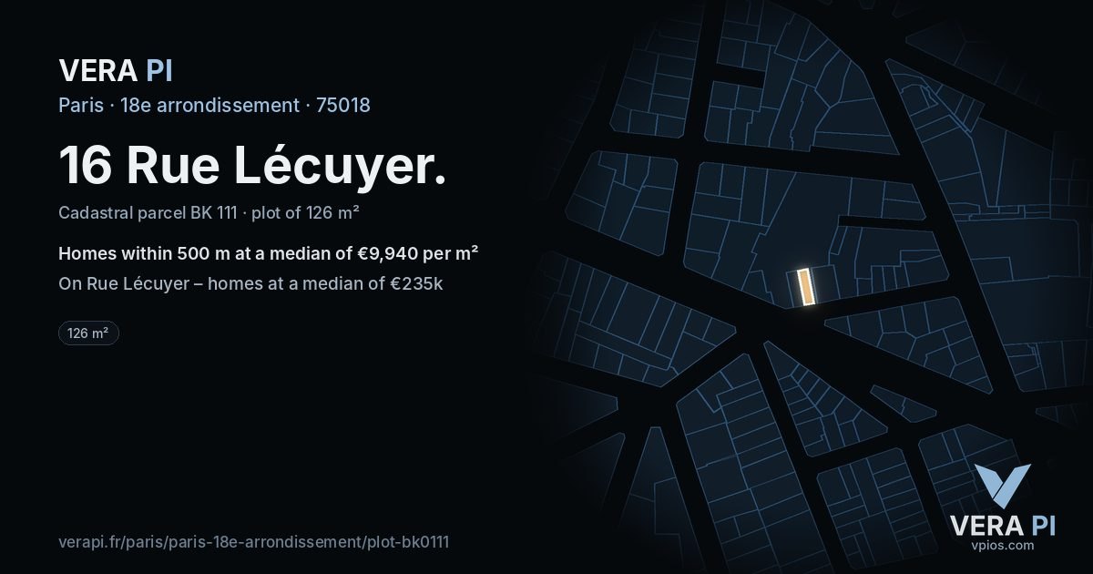 16 Rue Lécuyer, 18e arrondissement at night – the plot lit, the parcels around coloured by the prices near them
