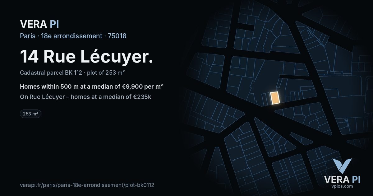 14 Rue Lécuyer, 18e arrondissement at night – the plot lit, the parcels around coloured by the prices near them