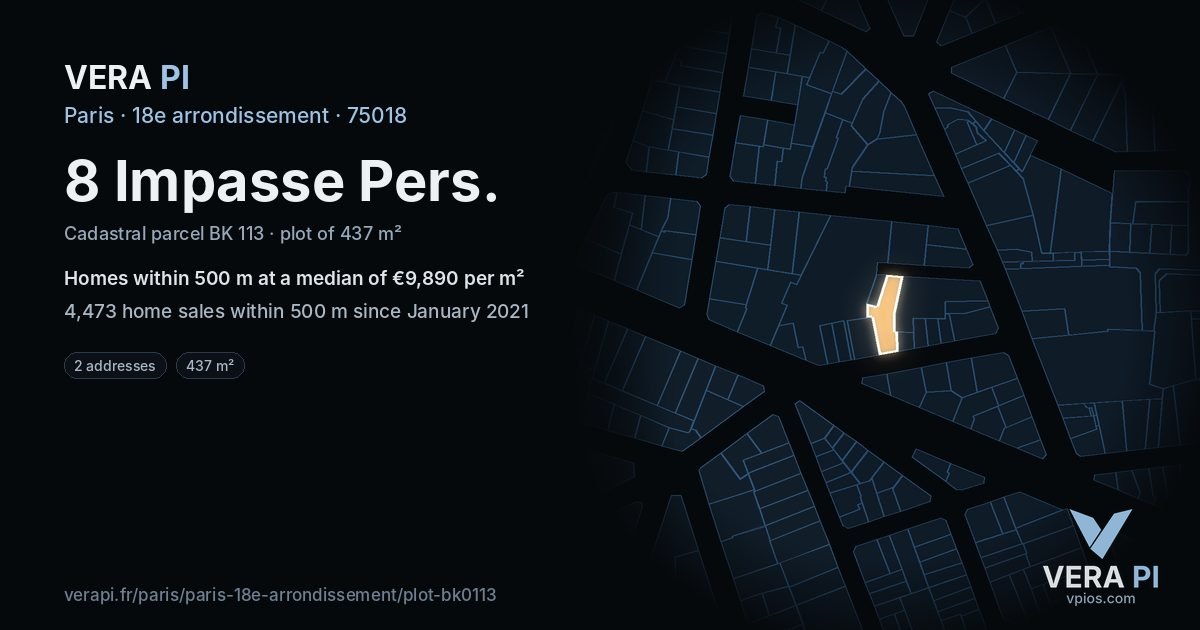 8 Impasse Pers, 18e arrondissement at night – the plot lit, the parcels around coloured by the prices near them