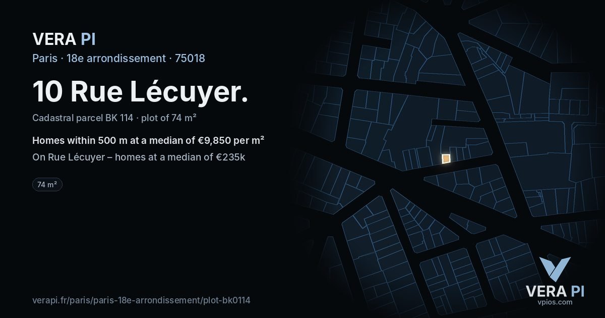 10 Rue Lécuyer, 18e arrondissement at night – the plot lit, the parcels around coloured by the prices near them