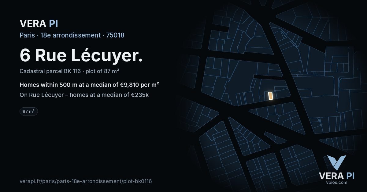 6 Rue Lécuyer, 18e arrondissement at night – the plot lit, the parcels around coloured by the prices near them