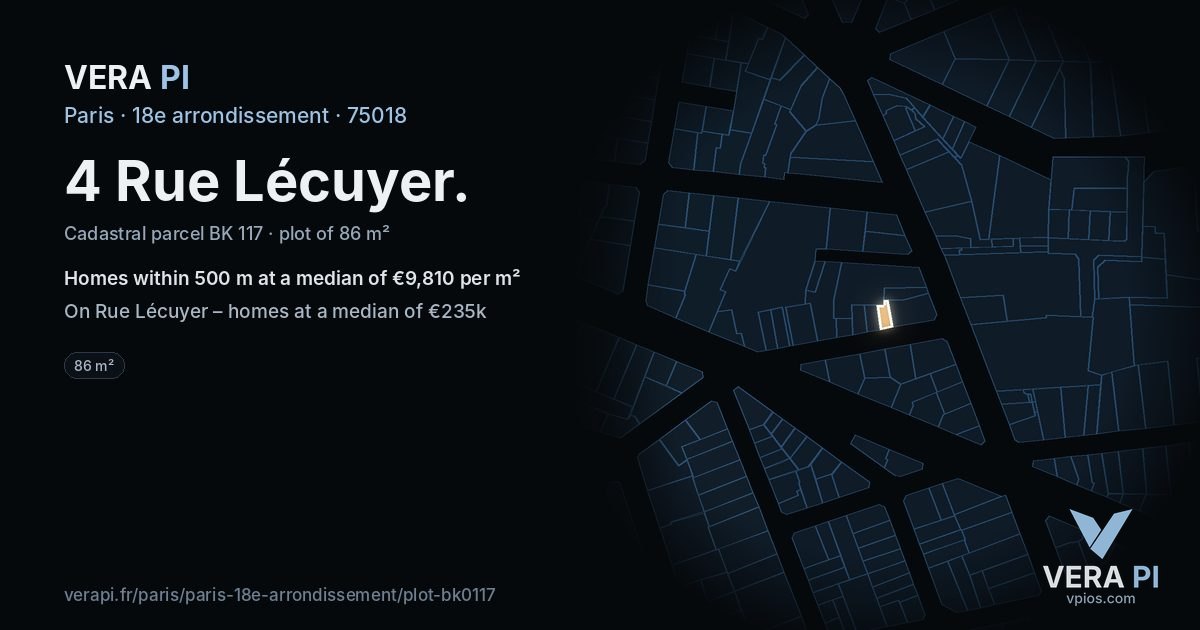 4 Rue Lécuyer, 18e arrondissement at night – the plot lit, the parcels around coloured by the prices near them