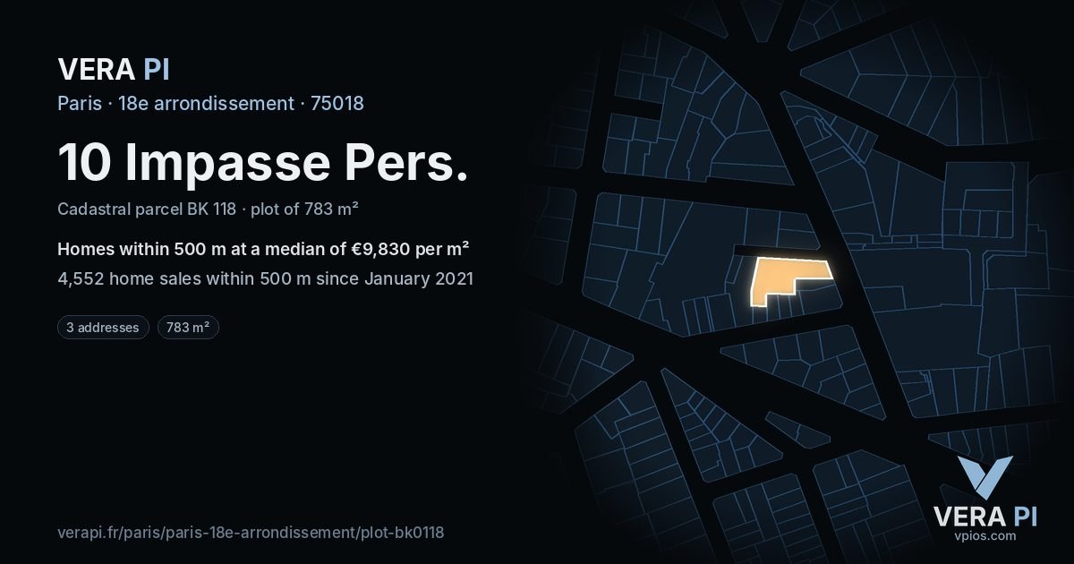 10 Impasse Pers, 18e arrondissement at night – the plot lit, the parcels around coloured by the prices near them