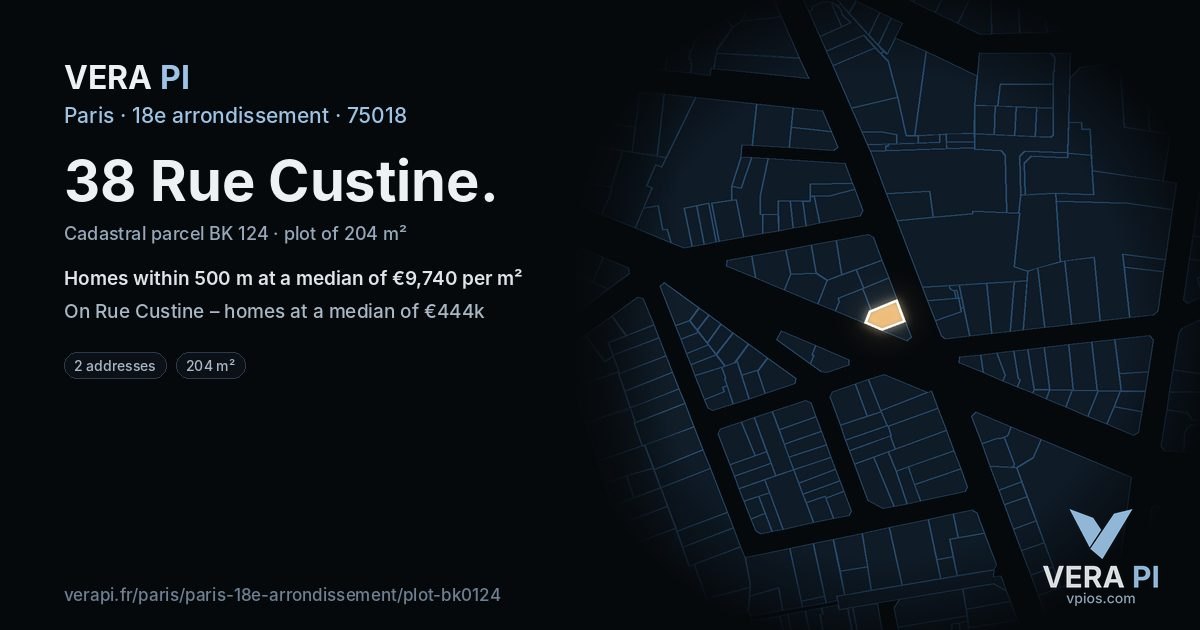 38 Rue Custine, 18e arrondissement at night – the plot lit, the parcels around coloured by the prices near them