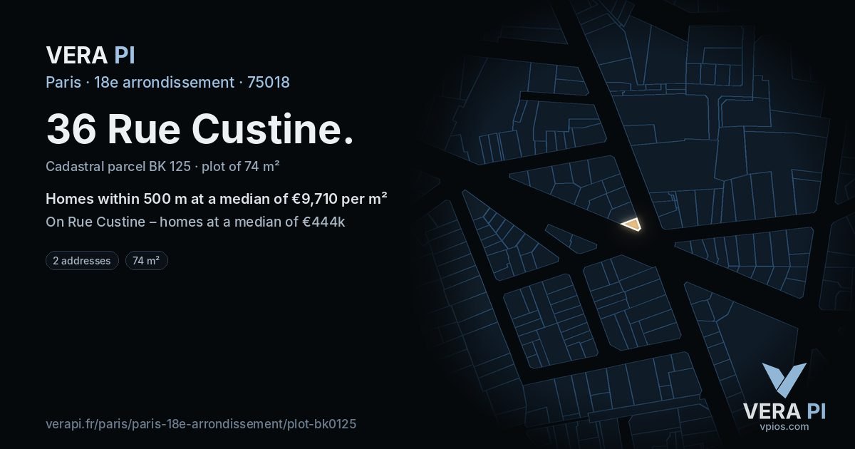 36 Rue Custine, 18e arrondissement at night – the plot lit, the parcels around coloured by the prices near them