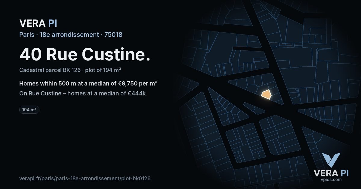 40 Rue Custine, 18e arrondissement at night – the plot lit, the parcels around coloured by the prices near them