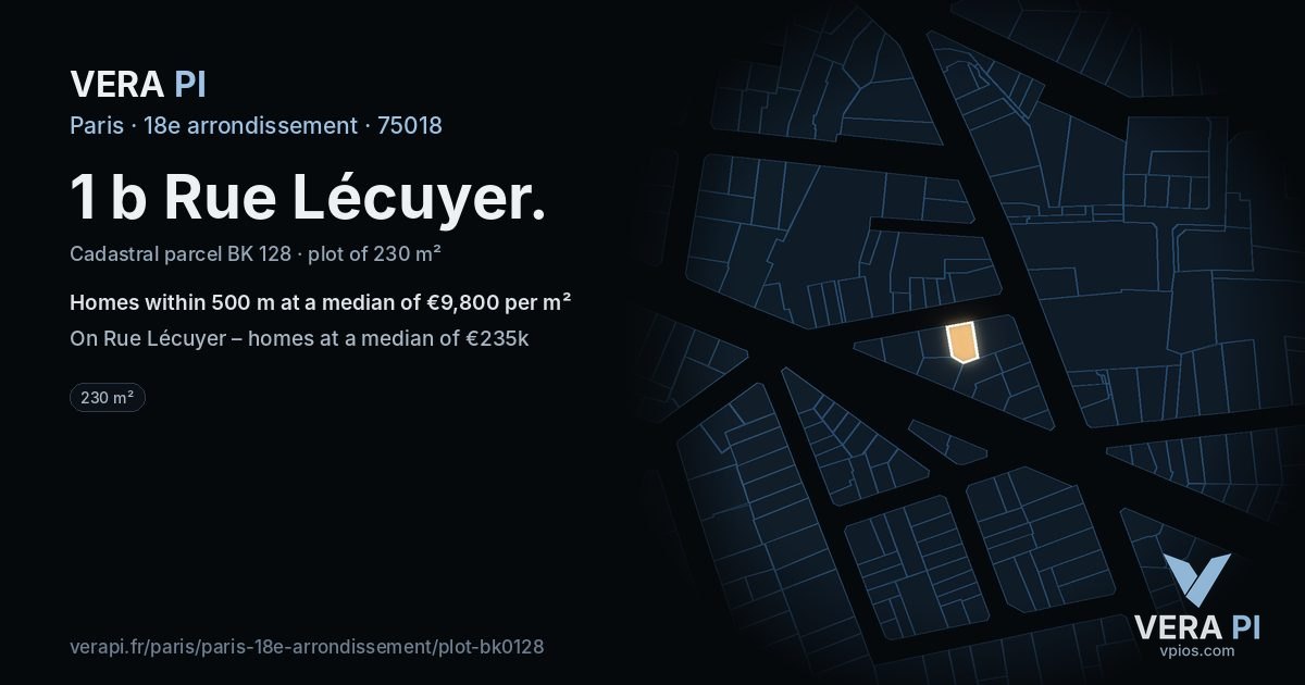 1 b Rue Lécuyer, 18e arrondissement at night – the plot lit, the parcels around coloured by the prices near them