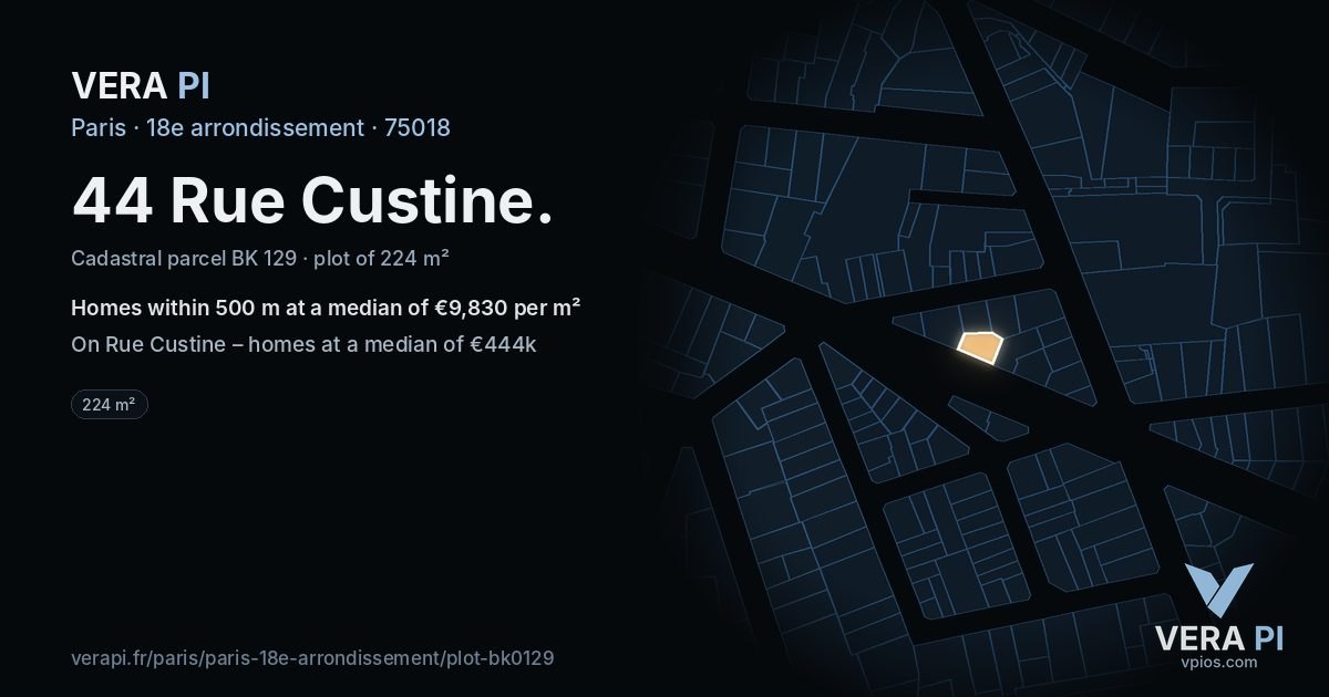 44 Rue Custine, 18e arrondissement at night – the plot lit, the parcels around coloured by the prices near them
