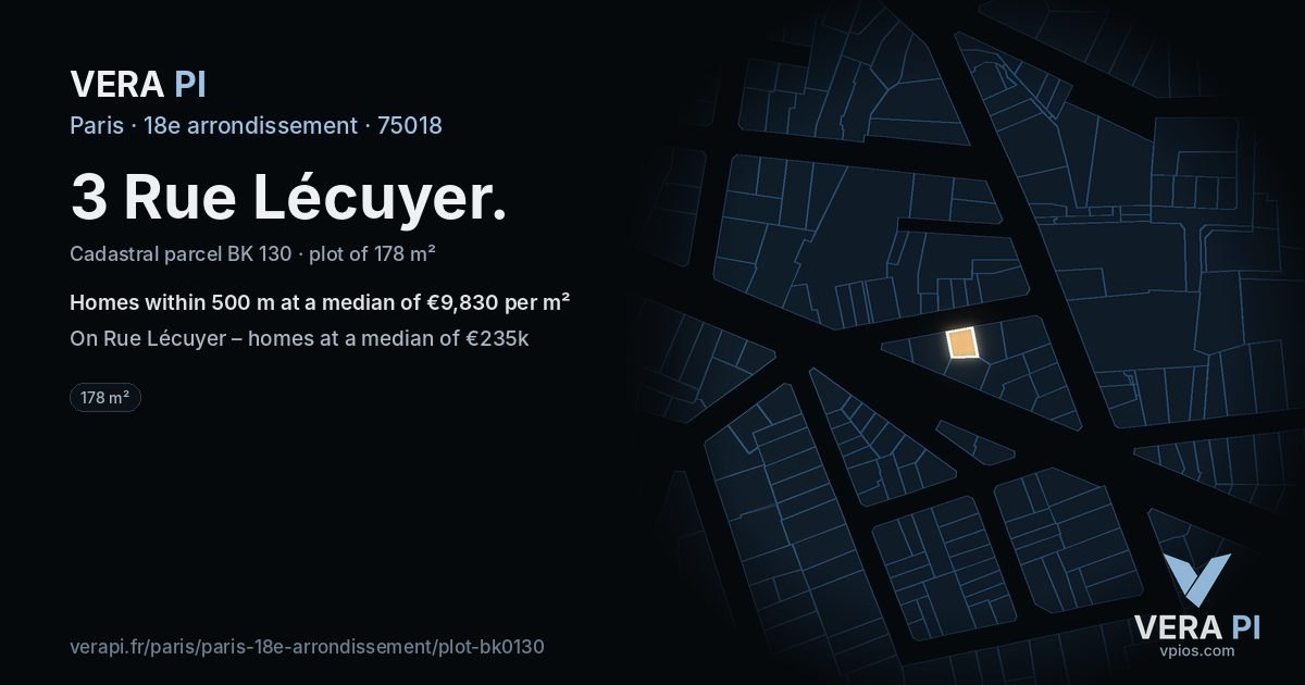 3 Rue Lécuyer, 18e arrondissement at night – the plot lit, the parcels around coloured by the prices near them