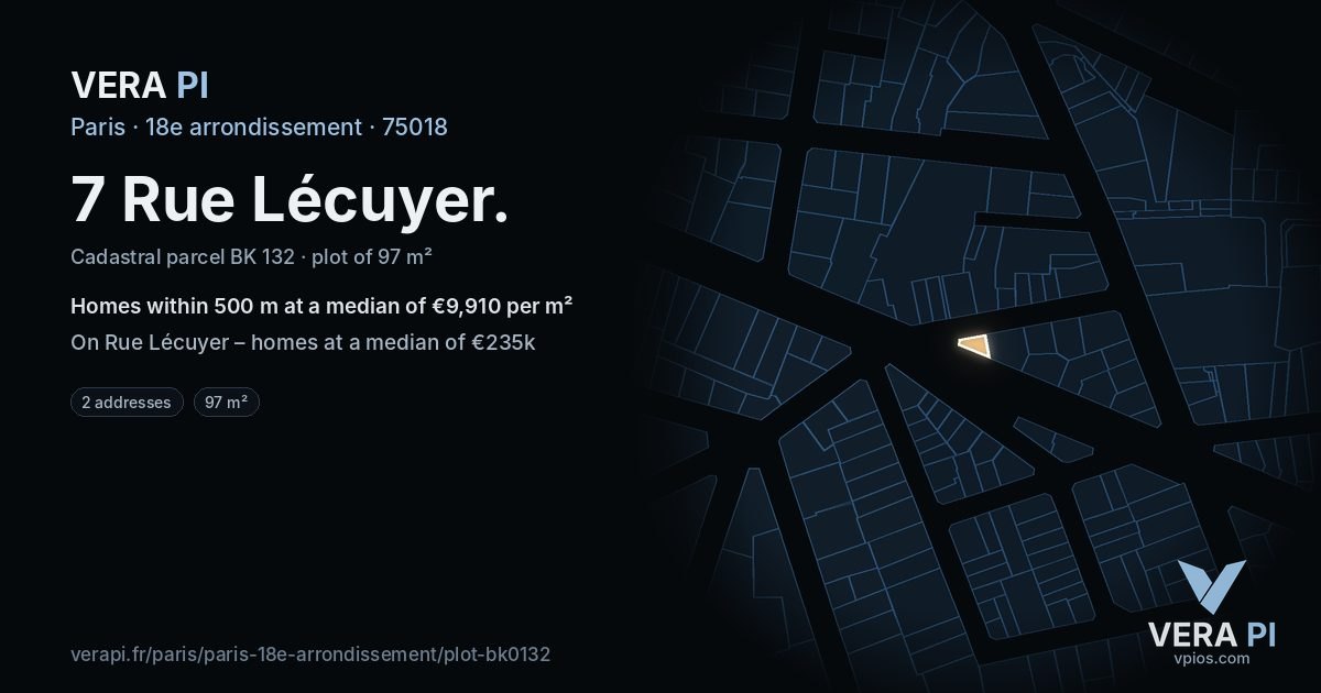 7 Rue Lécuyer, 18e arrondissement at night – the plot lit, the parcels around coloured by the prices near them