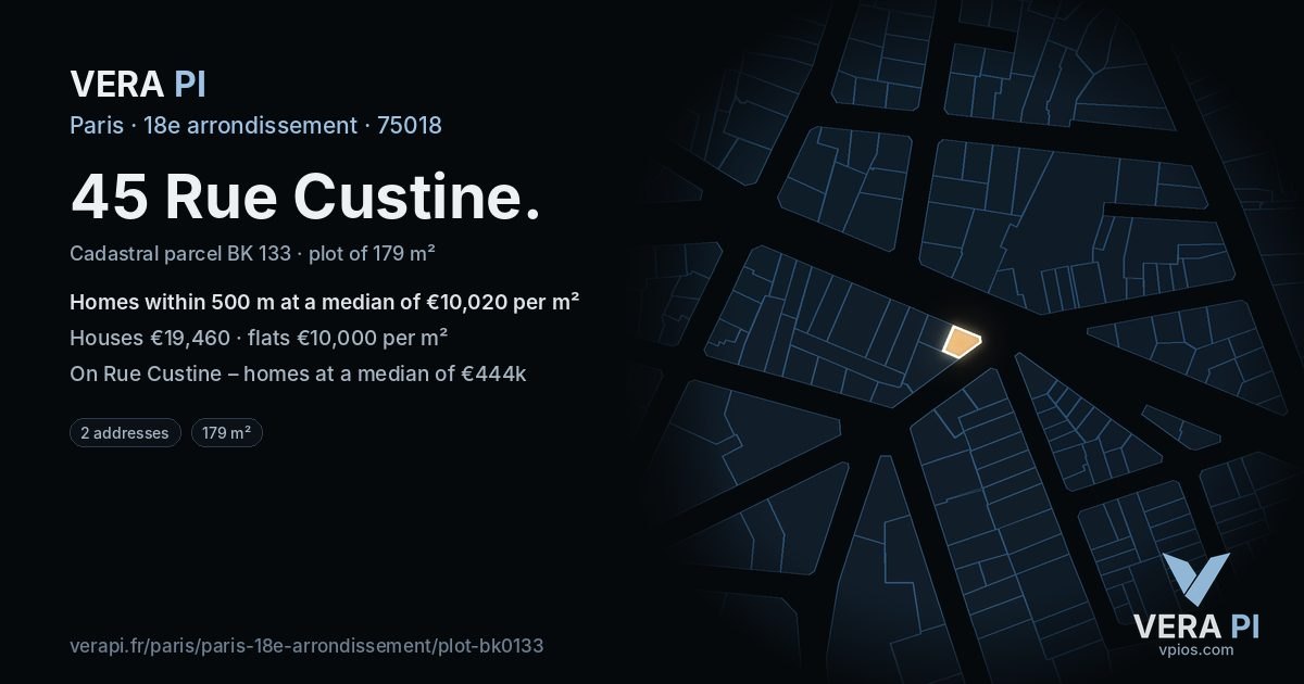 45 Rue Custine, 18e arrondissement at night – the plot lit, the parcels around coloured by the prices near them